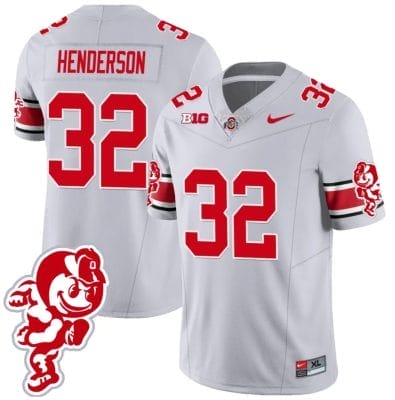 TreVeyon Henderson Jersey #32 Ohio State Buckeyes Football 2023 Stitched Brutus Buckeye Patch Gray 8 TreVeyon Henderson Jersey #32 Ohio State Buckeyes Football 2023 Stitched Brutus Buckeye Patch Gray