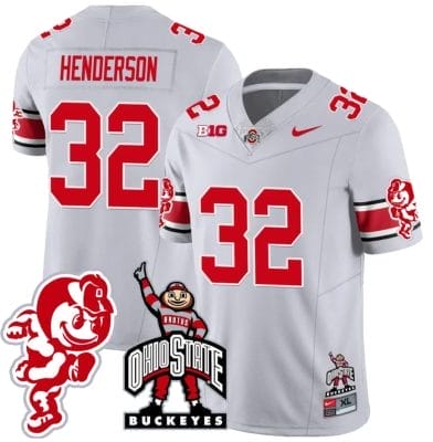 TreVeyon Henderson Jersey #32 Ohio State Buckeyes Football Stitched Brutus Buckeye Patch Gray 8 TreVeyon Henderson Jersey #32 Ohio State Buckeyes Football Stitched Brutus Buckeye Patch Gray