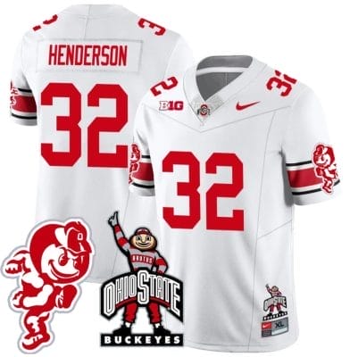 TreVeyon Henderson Jersey #32 Ohio State Buckeyes Football Stitched Brutus Buckeye Patch White