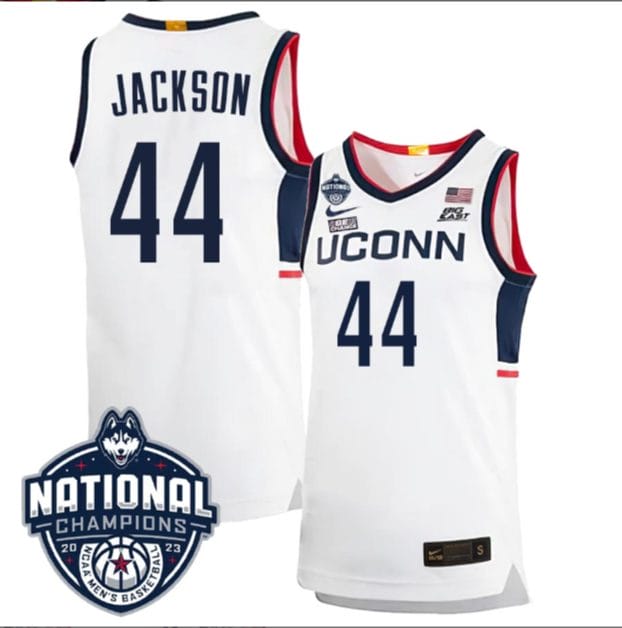 Andre Jackson Jersey #44 UConn Huskies 2023 National Champions College Basketball White Home 1 Andre Jackson Jersey #44 UConn Huskies 2023 National Champions College Basketball White Home