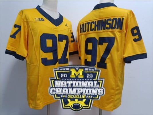 Aidan Hutchinson Jersey #97 Michigan Wolverines Football 2023 National Champions Patch Yellow