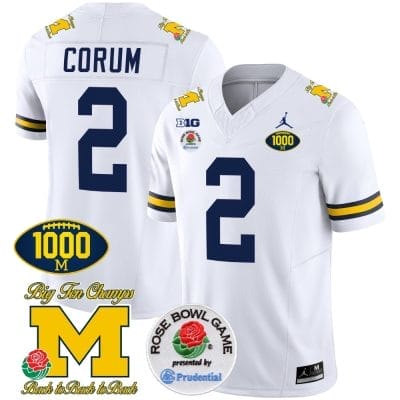 Blake Corum Jersey #2 Michigan Wolverines Vapor Stitched 1000 Wins Rose Bowl Patch White