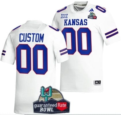 Custom Kansas Jayhawks Jersey Name and Number 2023 Guaranteed Rate Bowl Champs Football White 8 Custom Kansas Jayhawks Jersey Name and Number 2023 Guaranteed Rate Bowl Champs Football White