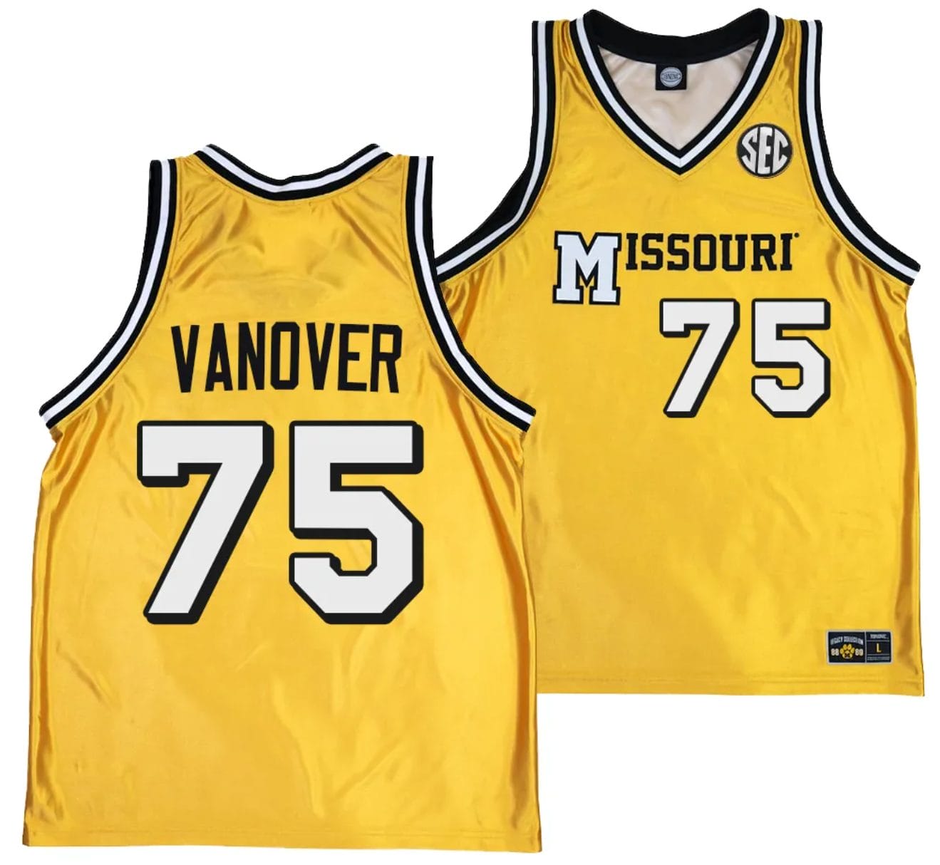 Connor Vanover Jersey #75 Missouri Tigers Alternate Basketball Throwback Legacy uniform Gold 1 Connor Vanover Jersey #75 Missouri Tigers Alternate Basketball Throwback Legacy uniform Gold