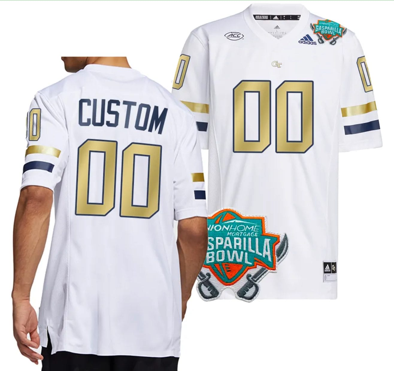 Custom Georgia Tech Yellow Jackets Jersey Name and Number 2023 Gasparilla Bowl Patch Football White 1 Custom Georgia Tech Yellow Jackets Jersey Name and Number 2023 Gasparilla Bowl Patch Football White