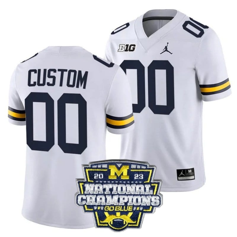 Custom Michigan Wolverines Jersey Name and Number Football 2023 National Champions Patch White 1 Custom Michigan Wolverines Jersey Name and Number Football 2023 National Champions Patch White