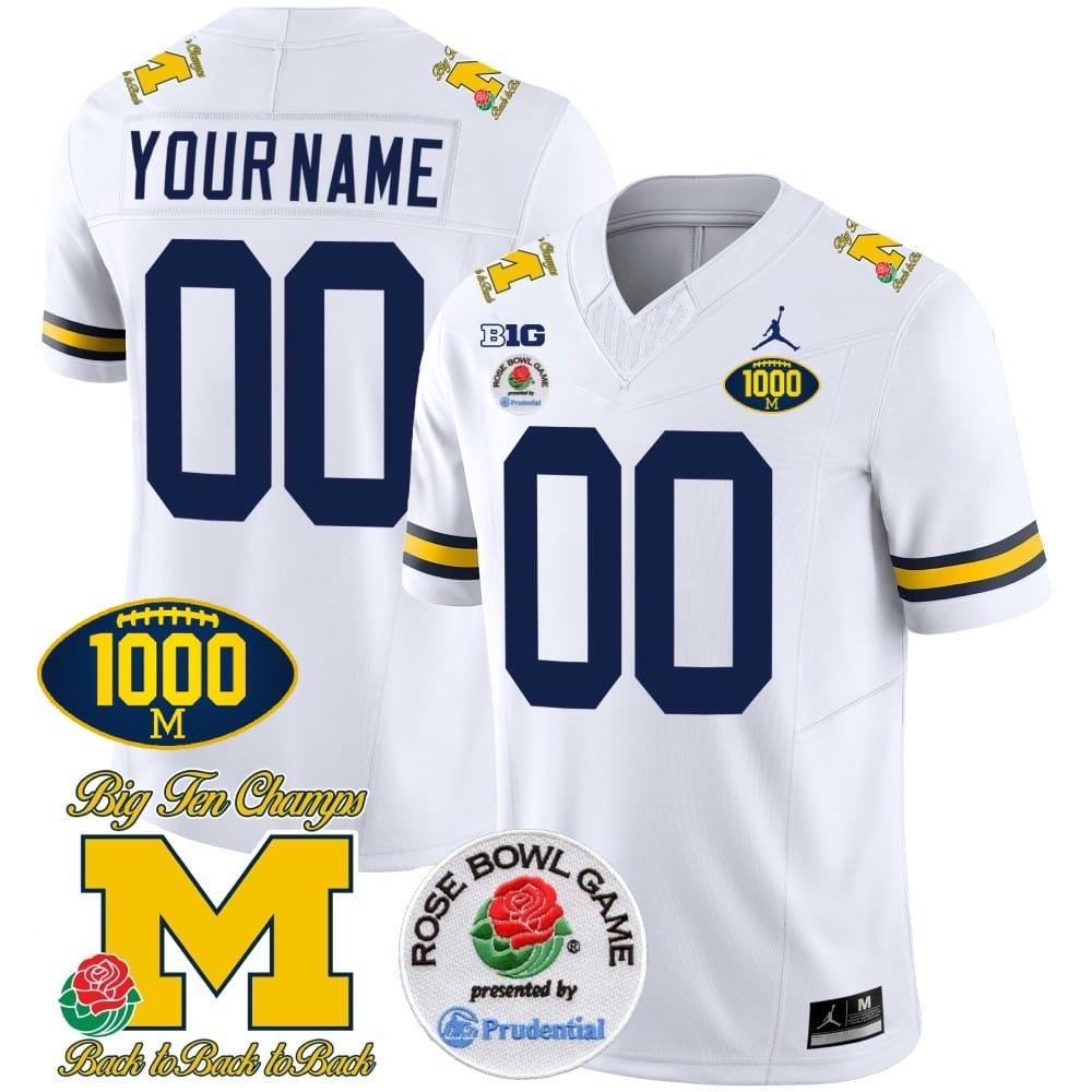 Custom Michigan Wolverines Jersey Name and Number 1000 Wins Rose Bowl Patch White 1 Custom Michigan Wolverines Jersey Name and Number 1000 Wins Rose Bowl Patch White
