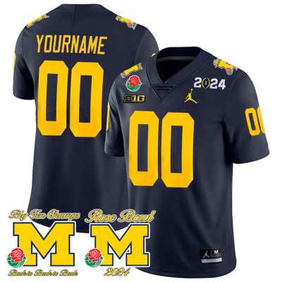 Custom Michigan Wolverines Jersey Name and Number Vapor Rose Bowl + 2024 CFP + Big Ten Champs Patch Football Navy