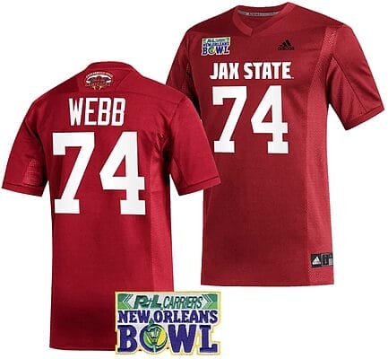 Clay Webb Jersey #74 Jacksonville State Gamecocks 2023 New Orleans Bowl Patch Football Red