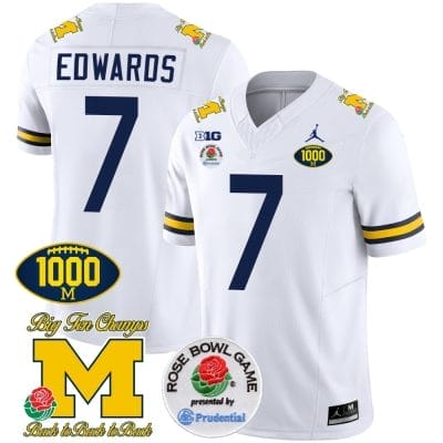 Donovan Edwards Jersey #7 Michigan Wolverines Vapor Stitched 1000 Wins Rose Bowl Patch White 8 Donovan Edwards Jersey #7 Michigan Wolverines Vapor Stitched 1000 Wins Rose Bowl Patch White