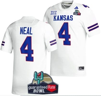 Devin Neal Jersey #4 Kansas Jayhawks 2023 Guaranteed Rate Bowl Champs MVP Football White 8 Devin Neal Jersey #4 Kansas Jayhawks 2023 Guaranteed Rate Bowl Champs MVP Football White