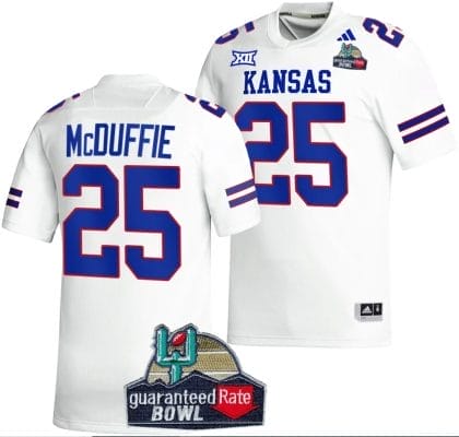 Dylan McDuffie Jersey #25 Kansas Jayhawks 2023 Guaranteed Rate Bowl Champs MVP Football White