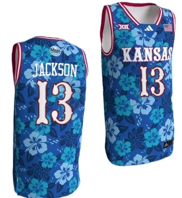 Elmarko Jackson Jersey #13 Kansas Jayhawks Bill Self Game College Basketball Blue Maui Strong 8 Elmarko Jackson Jersey #13 Kansas Jayhawks Bill Self Game College Basketball Blue Maui Strong