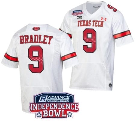 Jerand Bradley Jersey #9 Texas Tech Red Raiders Independence Bowl Patch Football 2023 White 8 Jerand Bradley Jersey #9 Texas Tech Red Raiders Independence Bowl Patch Football 2023 White