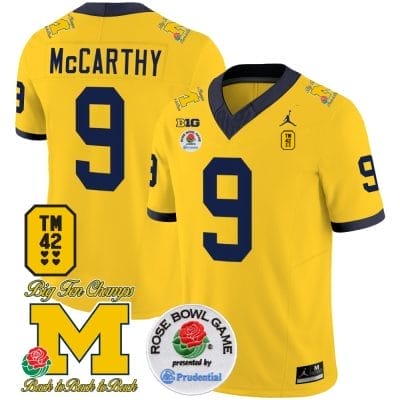 JJ McCarthy Jersey #9 Michigan Wolverines Vapor TM 42 Honor – Rose Bowl Patch Football Maize 8 JJ McCarthy Jersey #9 Michigan Wolverines Vapor TM 42 Honor – Rose Bowl Patch Football Maize