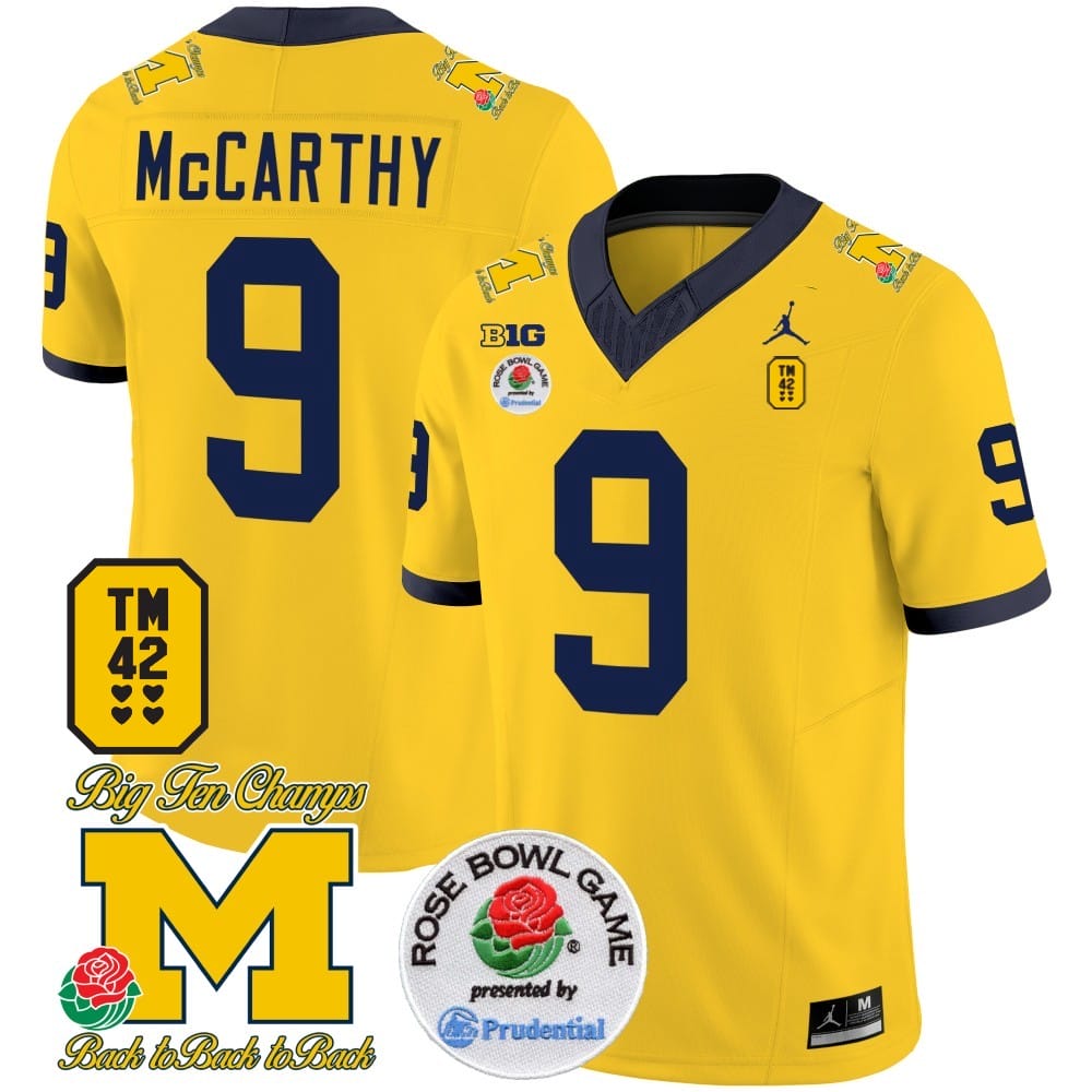 JJ McCarthy Jersey #9 Michigan Wolverines Vapor TM 42 Honor – Rose Bowl Patch Football Maize 1 JJ McCarthy Jersey #9 Michigan Wolverines Vapor TM 42 Honor – Rose Bowl Patch Football Maize