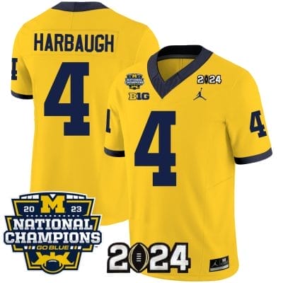 Jim Harbaugh Jersey #4 Michigan Wolverines Vapor Limited Football 2024 National Champions Patch Maize 8 Jim Harbaugh Jersey #4 Michigan Wolverines Vapor Limited Football 2024 National Champions Patch Maize
