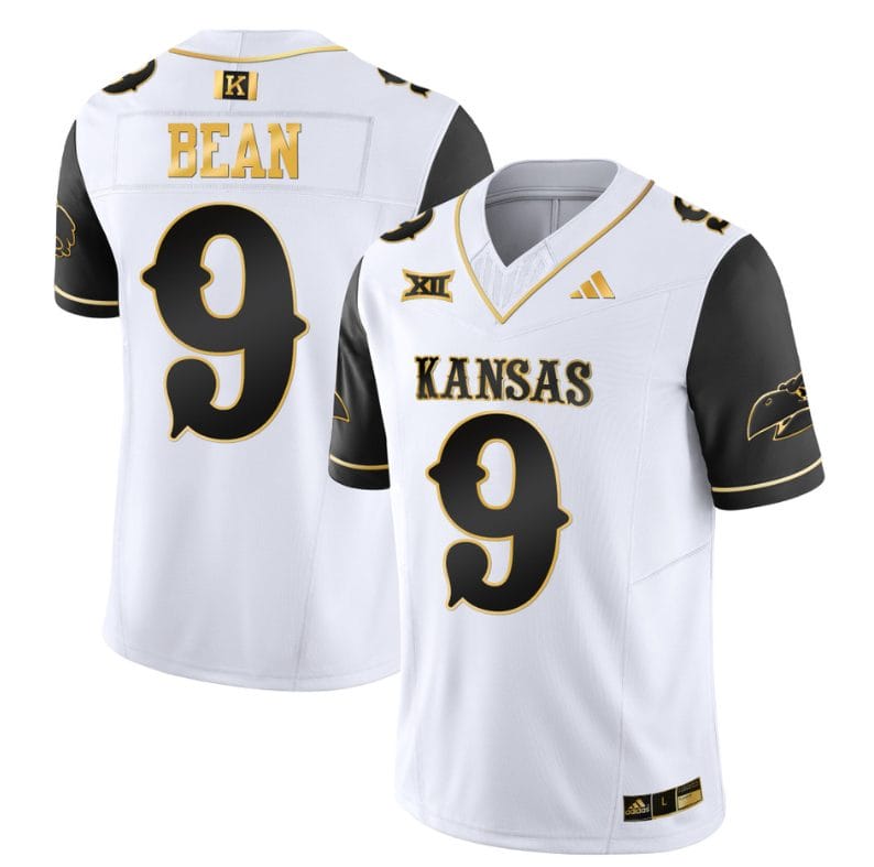 Jason Bean Jersey #9 Kansas Jayhawks Blackhawk Gold Vapor Football Black Sleeves 1 Jason Bean Jersey #9 Kansas Jayhawks Blackhawk Gold Vapor Football Black Sleeves