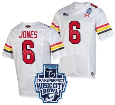Jeshaun Jones Jersey #6 Maryland Terrapins 2023 Music City Bowl Patch Football White