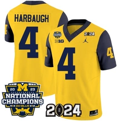 Jim Harbaugh Jersey #4 Michigan Wolverines Vapor Limited Football 2024 National Champions Patch Navy Sleeves 8 Jim Harbaugh Jersey #4 Michigan Wolverines Vapor Limited Football 2024 National Champions Patch Navy Sleeves