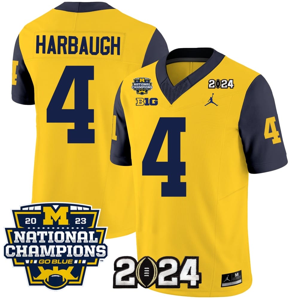 Jim Harbaugh Jersey #4 Michigan Wolverines Vapor Limited Football 2024 National Champions Patch Navy Sleeves 1 Jim Harbaugh Jersey #4 Michigan Wolverines Vapor Limited Football 2024 National Champions Patch Navy Sleeves
