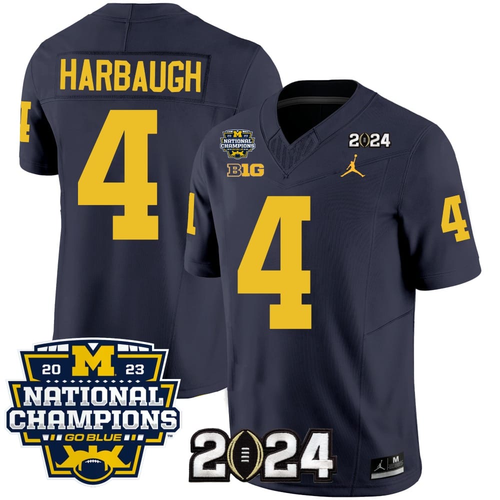 Jim Harbaugh Jersey #4 Michigan Wolverines Vapor Limited Football 2024 National Champions Patch Navy 1 Jim Harbaugh Jersey #4 Michigan Wolverines Vapor Limited Football 2024 National Champions Patch Navy