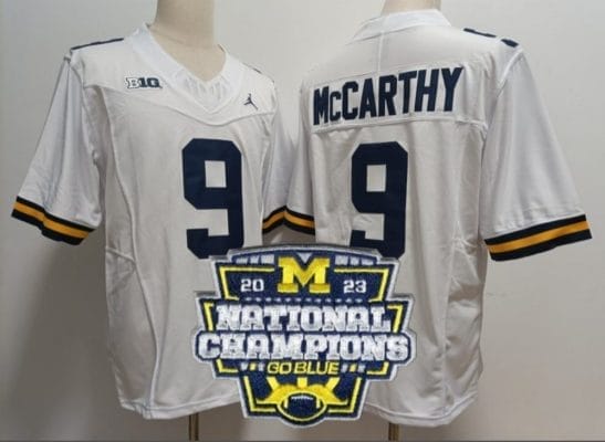 JJ Mccarthy Jersey #9 Michigan Wolverines Football 2023 National Champions Patch White