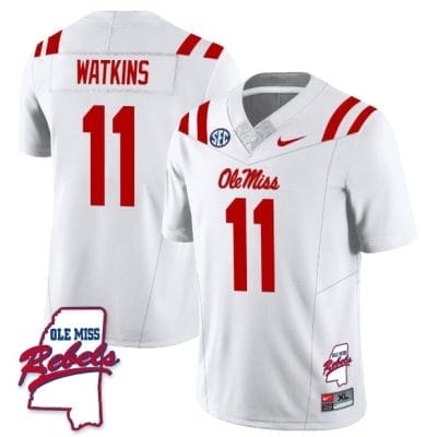 Jordan Watkins Jersey #11 Ole Miss Rebels Football Ole Map All Stitched White