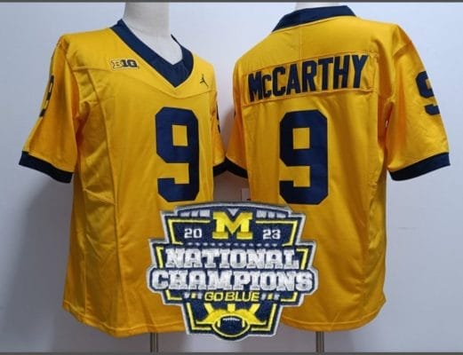 JJ Mccarthy Jersey #9 Michigan Wolverines Football 2023 National Champions Patch Yellow