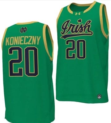 JR Konieczny Jersey #20 Notre Dame Fighting Irish Basketball uniform Green