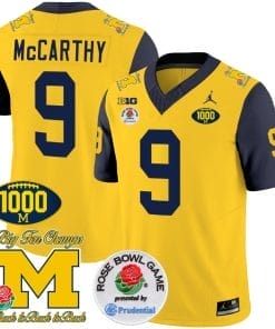 JJ McCarthy Jersey #9 Michigan Wolverines Vapor Stitched 1000 Wins Rose Bowl Patch Navy Sleeves