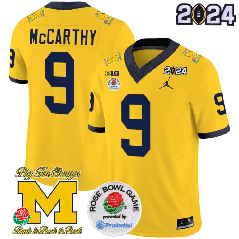 JJ McCarthy Jersey #9 Vapor Limited – 2024 College Football Bowl + Rose Bowl Patch Maize 1 JJ McCarthy Jersey #9 Vapor Limited – 2024 College Football Bowl + Rose Bowl Patch Maize