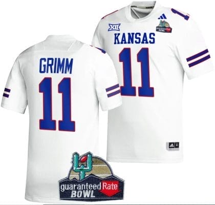 Luke Grimm Jersey #11 Kansas Jayhawks 2023 Guaranteed Rate Bowl Champs MVP Football White