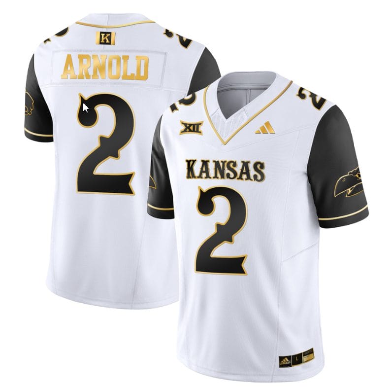 Lawrence Arnold Jersey #2 Kansas Jayhawks Blackhawk Gold Vapor Football Black Sleeves 1 Lawrence Arnold Jersey #2 Kansas Jayhawks Blackhawk Gold Vapor Football Black Sleeves