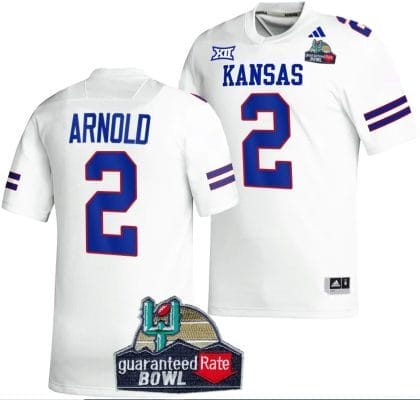 Lawrence Arnold Jersey #2 Kansas Jayhawks 2023 Guaranteed Rate Bowl Champs MVP Football White 8 Lawrence Arnold Jersey #2 Kansas Jayhawks 2023 Guaranteed Rate Bowl Champs MVP Football White