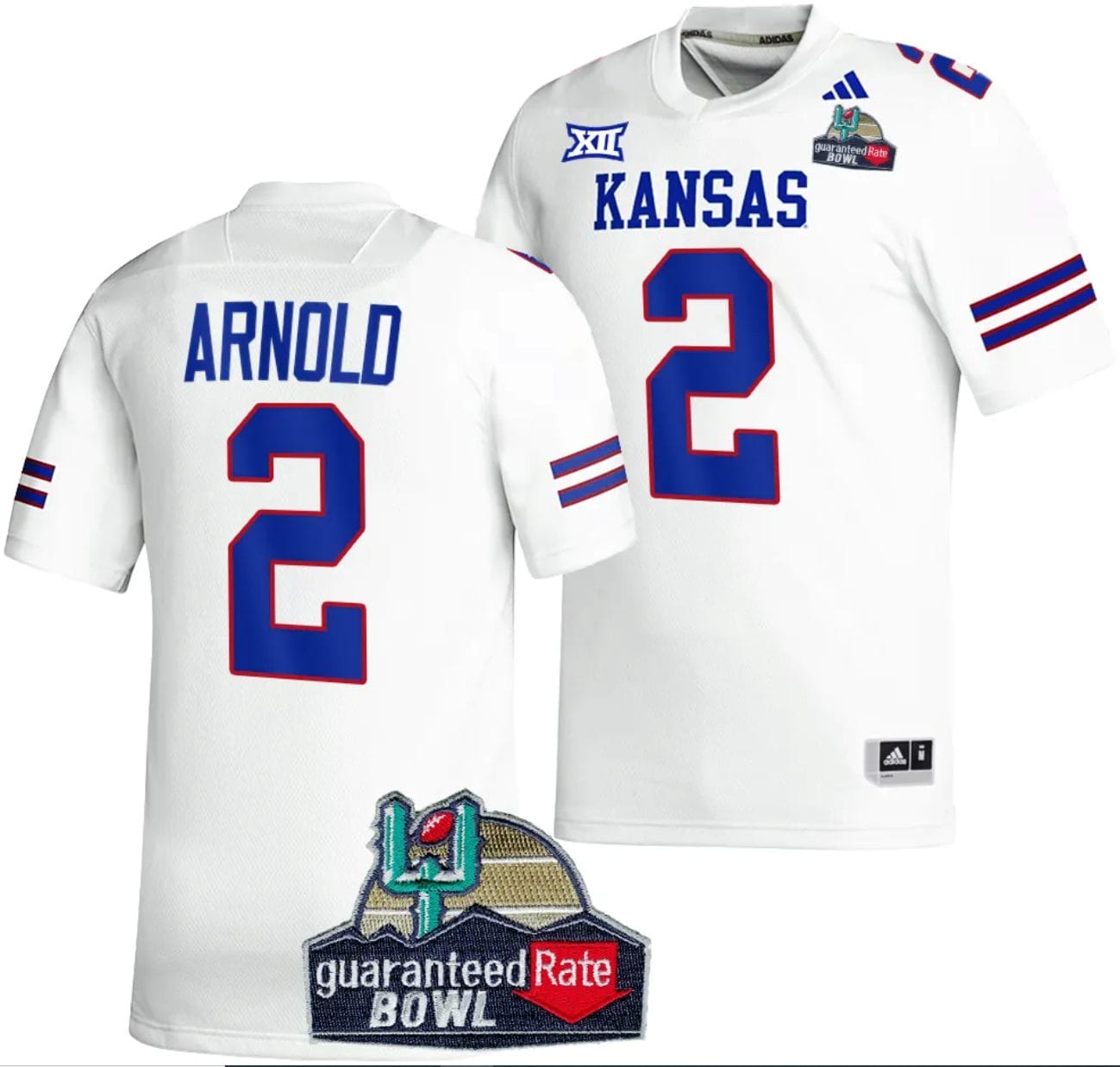 Lawrence Arnold Jersey #2 Kansas Jayhawks 2023 Guaranteed Rate Bowl Champs MVP Football White 1 Lawrence Arnold Jersey #2 Kansas Jayhawks 2023 Guaranteed Rate Bowl Champs MVP Football White