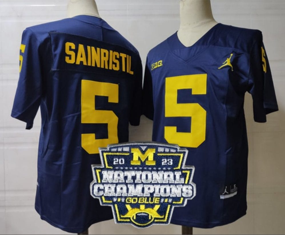 Mike Sainristil Jersey #5 Michigan Wolverines Football 2023 National Champions Patch Navy 1 Mike Sainristil Jersey #5 Michigan Wolverines Football 2023 National Champions Patch Navy