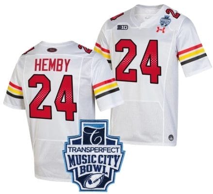 Roman Hemby Jersey #24 Maryland Terrapins 2023 Music City Bowl Patch Football White 8 Roman Hemby Jersey #24 Maryland Terrapins 2023 Music City Bowl Patch Football White