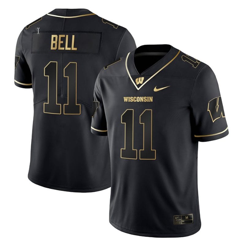 Skyler Bell Jersey #11 Wisconsin Badgers Gold Vapor College Football Black Gold 1 Skyler Bell Jersey #11 Wisconsin Badgers Gold Vapor College Football Black Gold