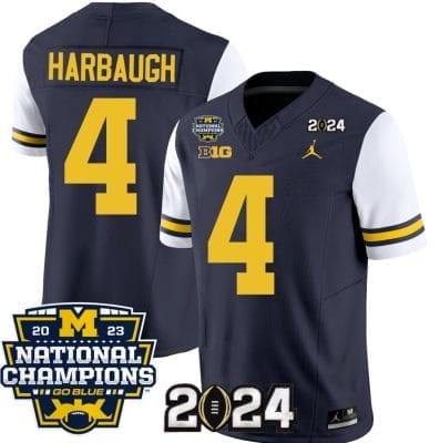 Jim Harbaugh Jersey #4 Michigan Wolverines Vapor Limited Football 2024 National Champions Patch White Sleeves