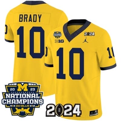 Tom Brady Jersey #10 Michigan Wolverines Vapor Limited Football 2024 National Champions Patch Maize 8 Tom Brady Jersey #10 Michigan Wolverines Vapor Limited Football 2024 National Champions Patch Maize