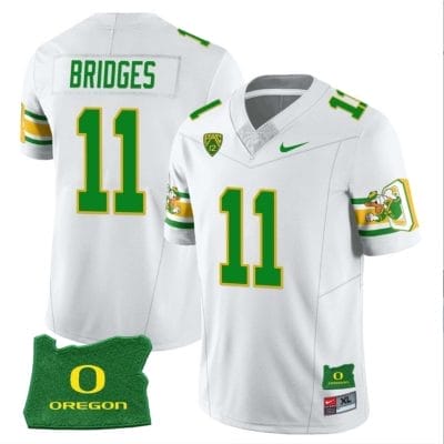 Trikweze Bridges Jersey #11 Oregon Ducks ‘Mighty Oregon’ Throwback Football Uniforms Oregon State Patch White