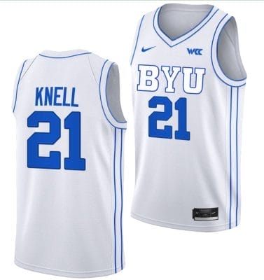 Trevin Knell Jersey #21 BYU Cougars College Basketball Jersey 2022-23 White 8 Trevin Knell Jersey #21 BYU Cougars College Basketball Jersey 2022-23 White
