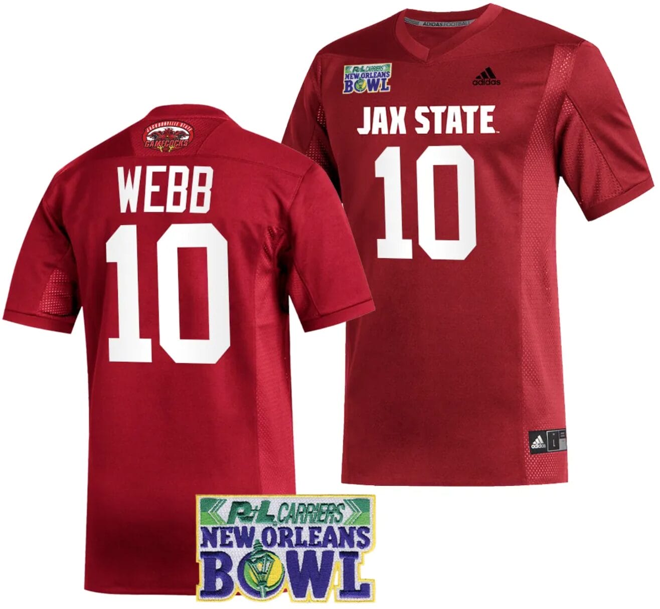 Zion Webb Jersey #10 Jacksonville State Gamecocks 2023 New Orleans Bowl Patch Football Red 1 Zion Webb Jersey #10 Jacksonville State Gamecocks 2023 New Orleans Bowl Patch Football Red