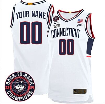 Custom UConn Huskies Jersey Name And Number Basketball 2024 Back To Back Champions Patch White