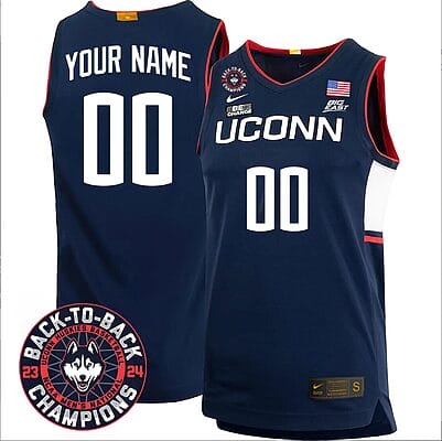 Custom UConn Huskies Jersey Name And Number Basketball 2024 Back To Back Champions Patch Navy
