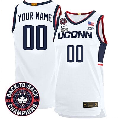 Custom UConn Huskies Jersey Name And Number Basketball 2024 Back To Back Champions Patch White Home 8 Custom UConn Huskies Jersey Name And Number Basketball 2024 Back To Back Champions Patch White Home