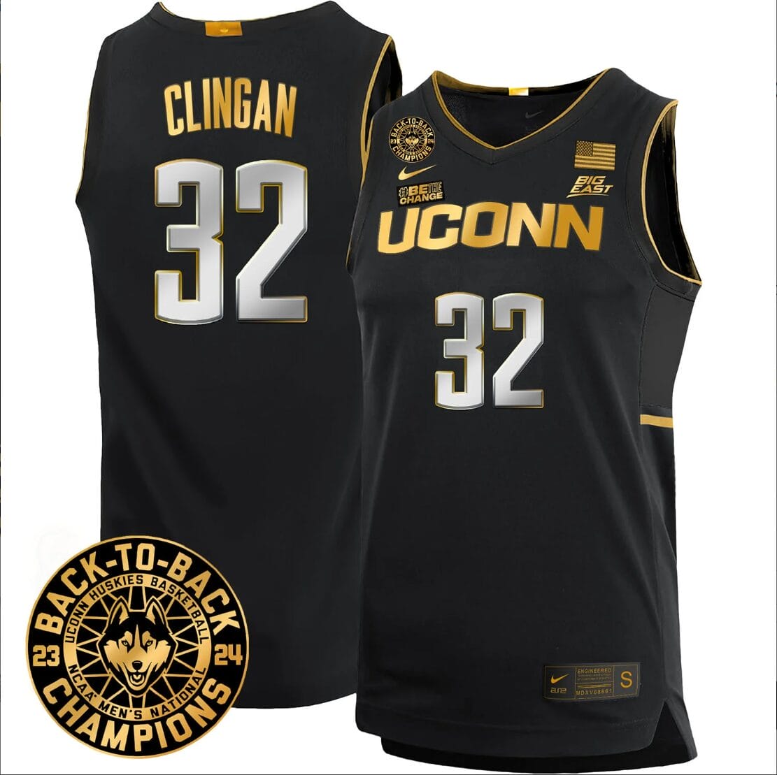 Donovan Clingan Jersey #32 UConn Huskies Basketball 2024 Back To Back Champions Patch Black Gold 1 Donovan Clingan Jersey #32 UConn Huskies Basketball 2024 Back To Back Champions Patch Black Gold