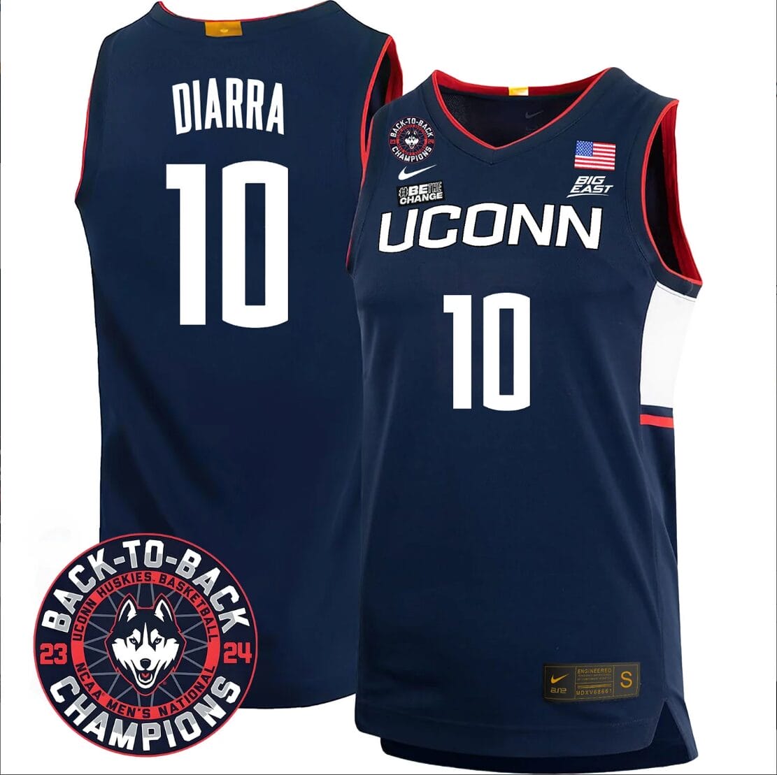 Hassan Diarra Jersey #10 UConn Huskies Basketball 2024 Back To Back Champions Patch Navy 1 Hassan Diarra Jersey #10 UConn Huskies Basketball 2024 Back To Back Champions Patch Navy