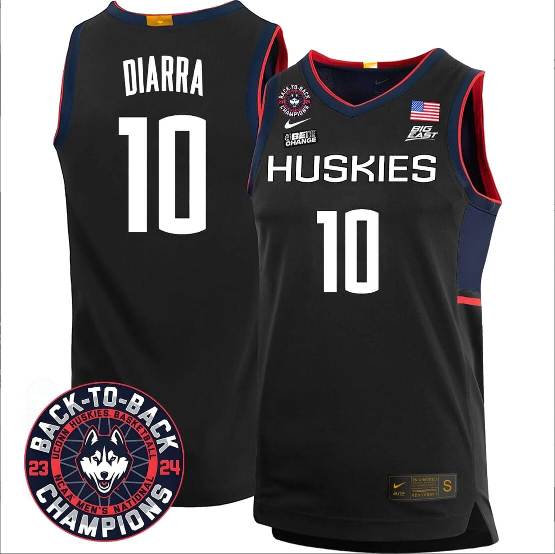 Hassan Diarra Jersey #10 UConn Huskies Basketball 2024 Back To Back Champions Patch Black 1 Hassan Diarra Jersey #10 UConn Huskies Basketball 2024 Back To Back Champions Patch Black